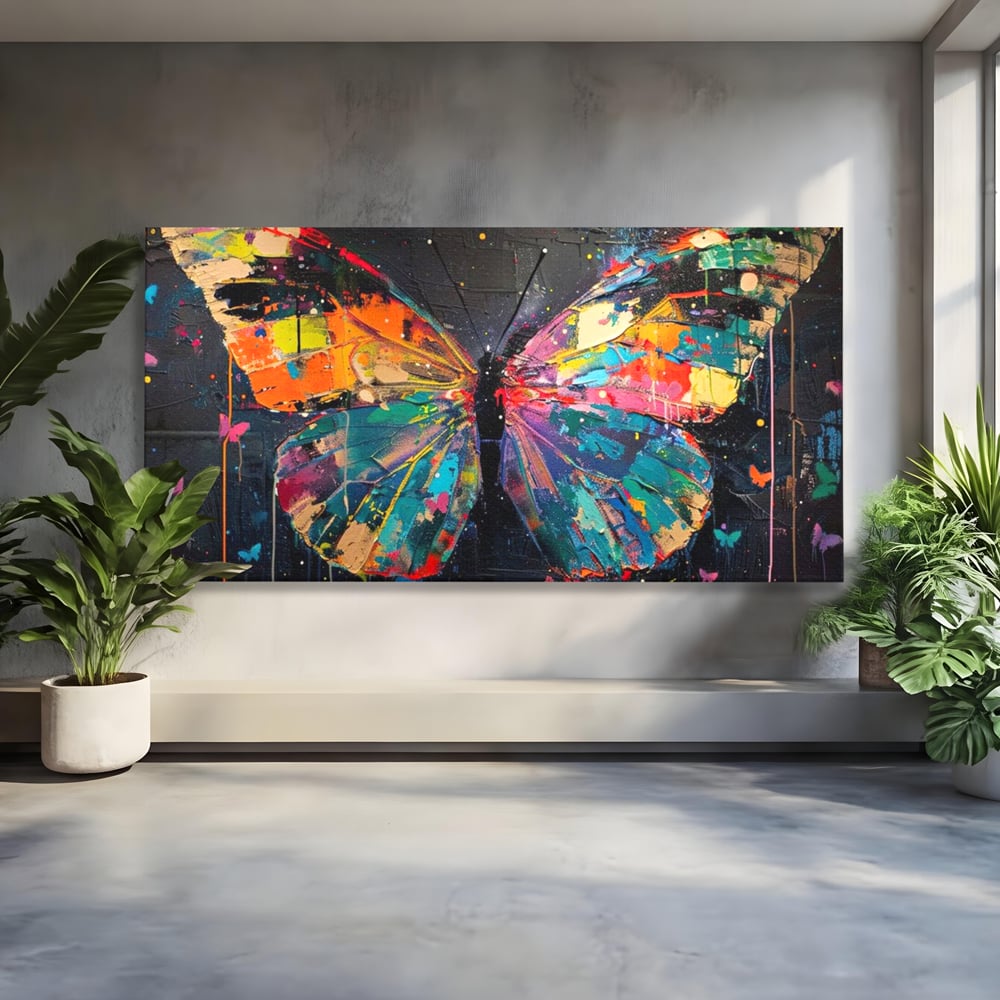 Tablou canvas cu tablou canvas cu fluture multicolor, fara rama, pe sasiu de lemn
